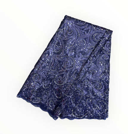 Embroidered Beaded Lace - Navy Blue - 1 Yard