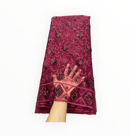 Maroon Silk Embroidery French Lace - 1 Yard