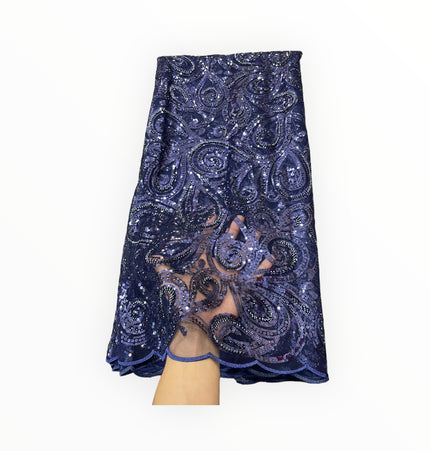 Embroidered Beaded Lace - Navy Blue - 1 Yard