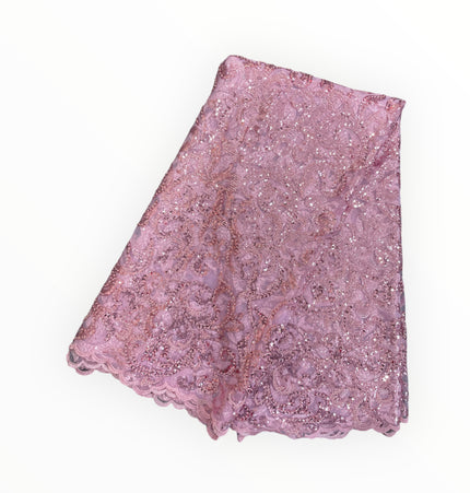 Embroidered Beaded Lace - Pink - 1 Yard