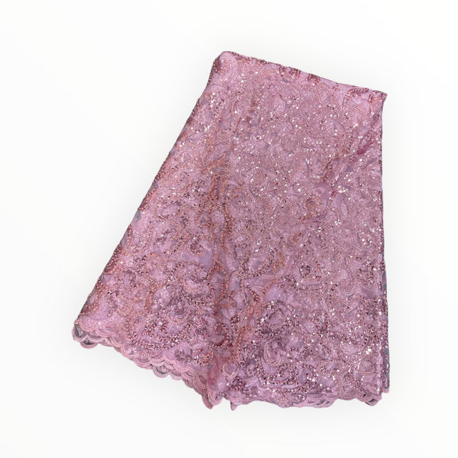 Embroidered Beaded Lace - Pink - 1 Yard