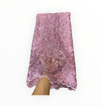 Embroidered Beaded Lace - Pink - 1 Yard