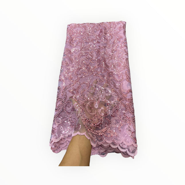 Embroidered Beaded Lace - Pink - 1 Yard