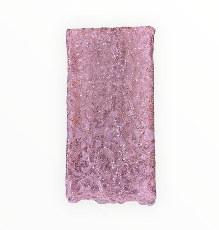 Embroidered Beaded Lace - Pink - 1 Yard
