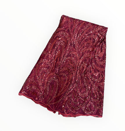 Embroidered Beaded Lace - Maroon - 1 Yard