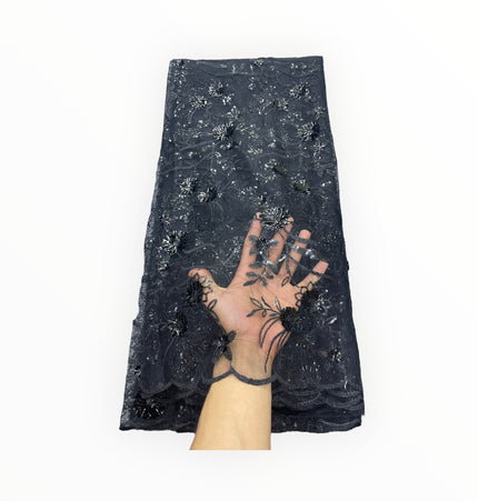 Black Silk Embroidery French Lace - 1 Yard