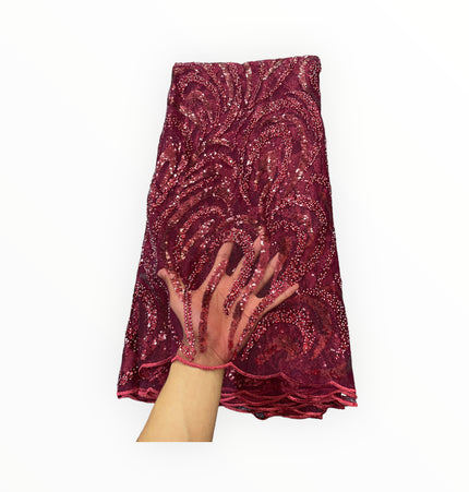 Embroidered Beaded Lace - Maroon - 1 Yard