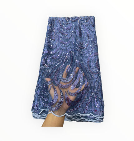 Embroidered Beaded Lace - Violet Blue - 1 Yard