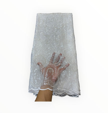 Embroidered Beaded Lace - White - 1 Yard