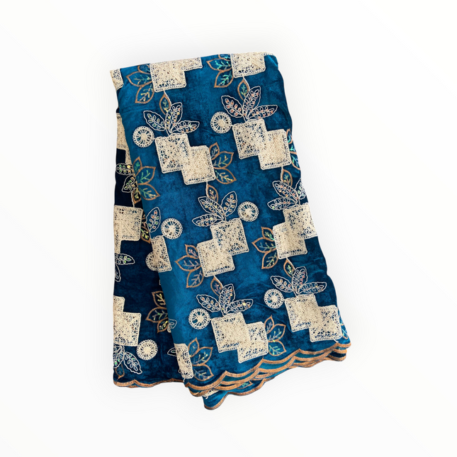 Luxury Velvet Lace Fabric in Teal Green / Off White – 5 Yards Piece (Patterned Design Collection)