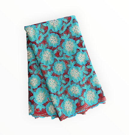 Top Quality Cord Lace Fabric in Teal Blue / Maroon - 5 Yards