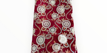 Luxury Velvet Lace Fabric in Maroon / Off White – 5 Yards Piece