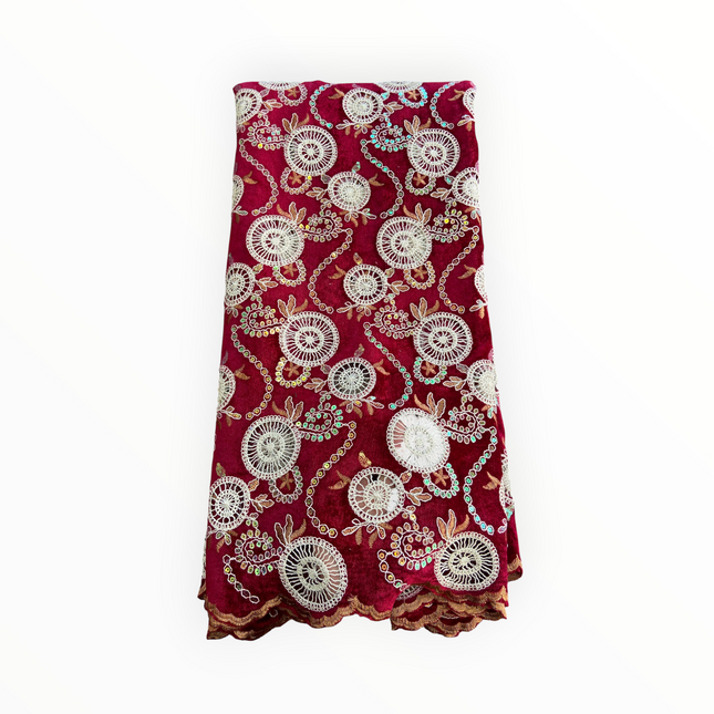 Luxury Velvet Lace Fabric in Maroon / Off White – 5 Yards Piece