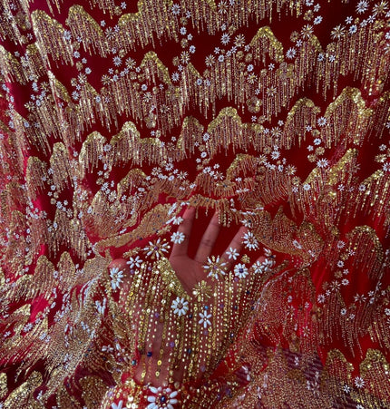 Beaded with Embroidered Rhinestones - Red / Silver - 1 yard