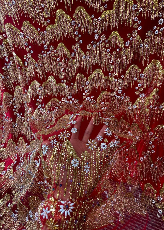 Beaded with Embroidered Rhinestones - Red / Silver - 1 yard