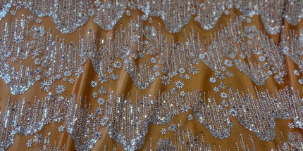 Beaded with Embroidered Rhinestones - Orange / Silver - 1 Yard