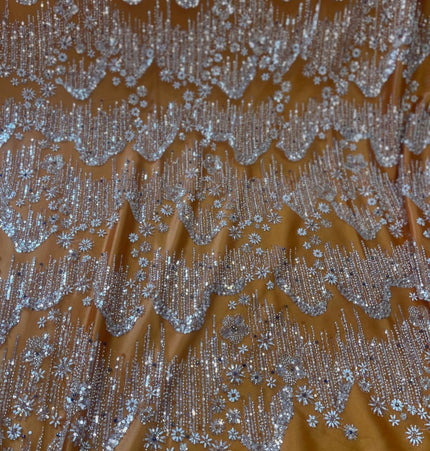 Beaded with Embroidered Rhinestones - Orange / Silver - 1 Yard
