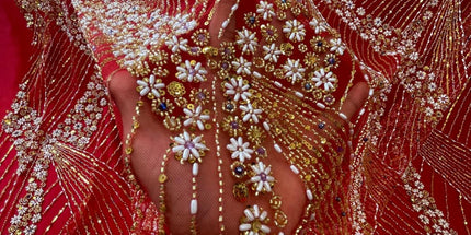 Luxurious Pearl / Beaded Lace - Red / Gold - 1 yard