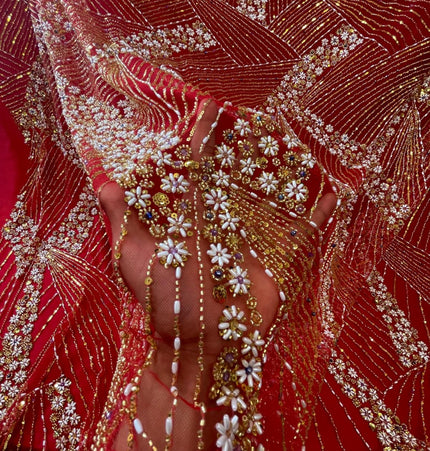 Luxurious Pearl / Beaded Lace - Red / Gold - 1 yard