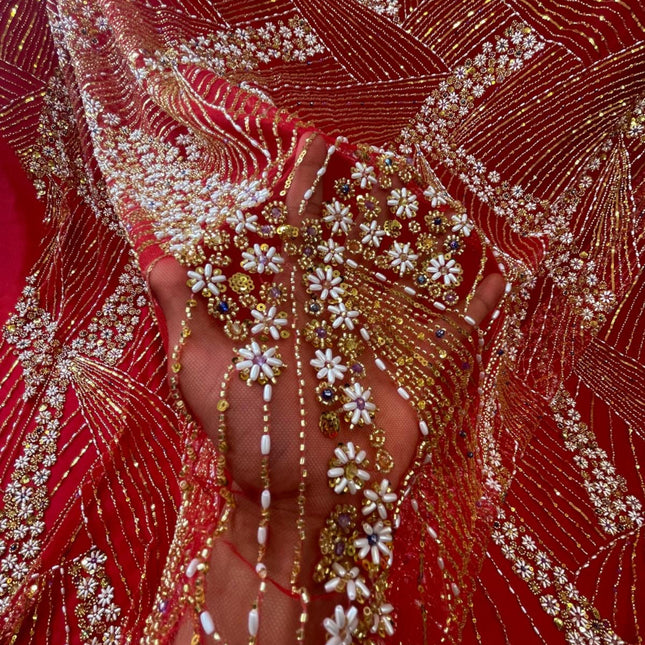 Luxurious Pearl / Beaded Lace - Red / Gold - 1 yard