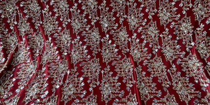 Pearl / Beaded Wedding Dress - Maroon / Gold - 1 Yard