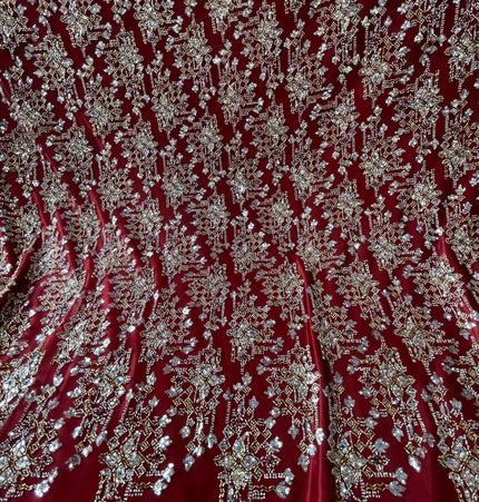 Pearl / Beaded Wedding Dress - Maroon / Gold - 1 Yard