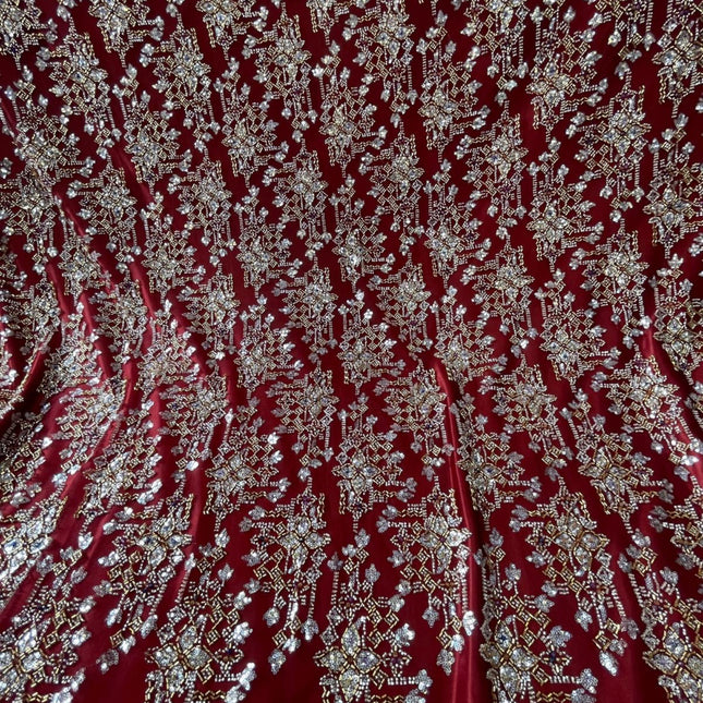 Pearl / Beaded Wedding Dress - Maroon / Gold - 1 Yard