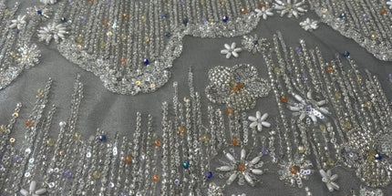 Beaded with Embroidered Rhinestones - Gray / Silver - 1 yard