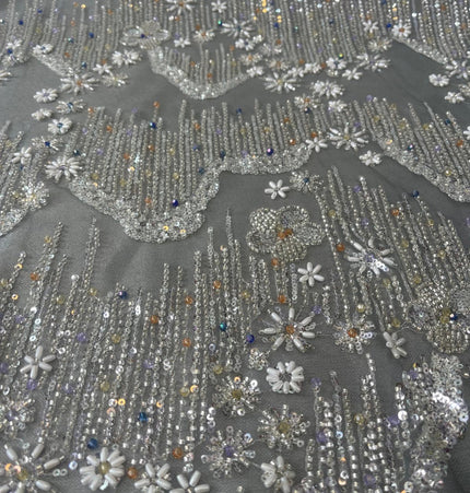 Beaded with Embroidered Rhinestones - Gray / Silver - 1 yard