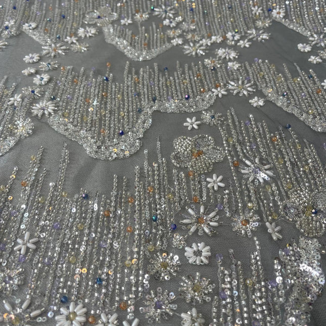 Beaded with Embroidered Rhinestones - Gray / Silver - 1 yard