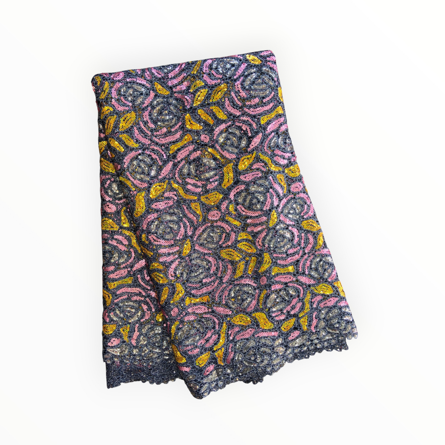 Premium Cord Lace with Sequins in Gray / Pink / Gold – 5 Yards Piece (New Collection)