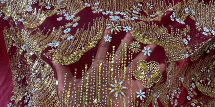 Beaded with Embroidered Rhinestones - Maroon / Gold - 1 yard