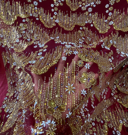 Beaded with Embroidered Rhinestones - Maroon / Gold - 1 yard