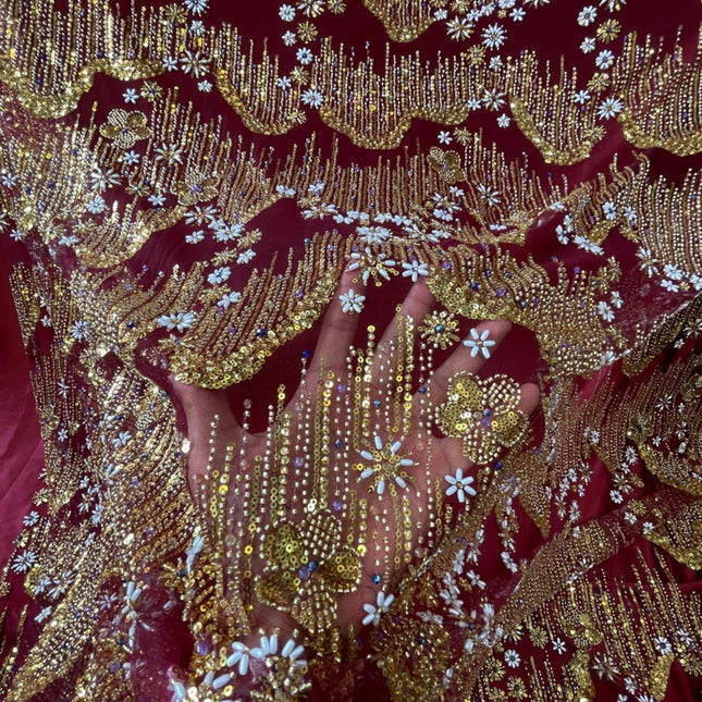Beaded with Embroidered Rhinestones - Maroon / Gold - 1 yard