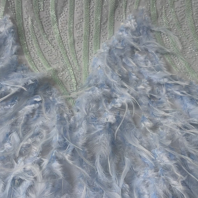 Light Teal Blue Beaded with Sky Blue Feathers Lace / Metre