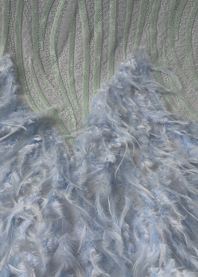 Light Teal Blue Beaded with Sky Blue Feathers Lace / Metre